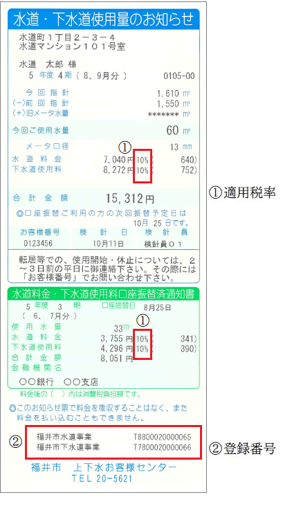 インボイス制度対応後の水道・下水道使用料のお知らせ（検針票）見本画像