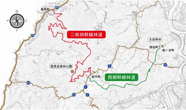 二枚田幹線と西郷幹線の地図