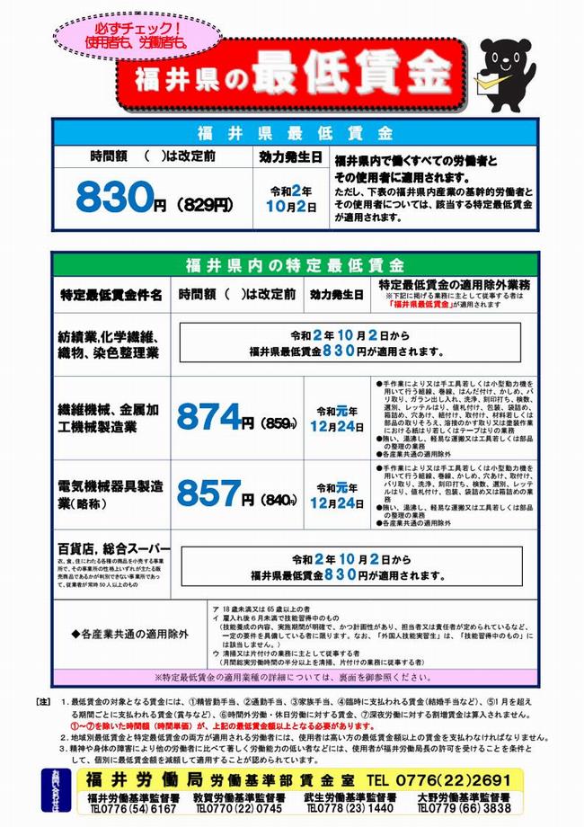福井県最低賃金改定のお知らせ 令和2年10月2日改定 福井市ホームページ